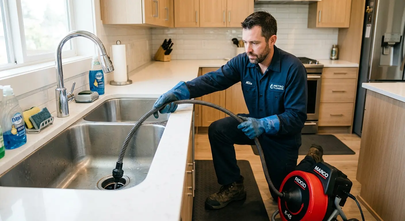 Drain cleaning technician using a motorized snake on a kitchen sink in French Valley