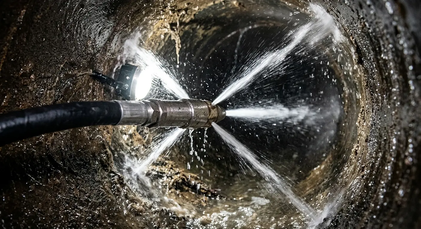High-pressure hydro jetting nozzle cleaning sewer pipe for Storm Drain Cleaning in French Valley