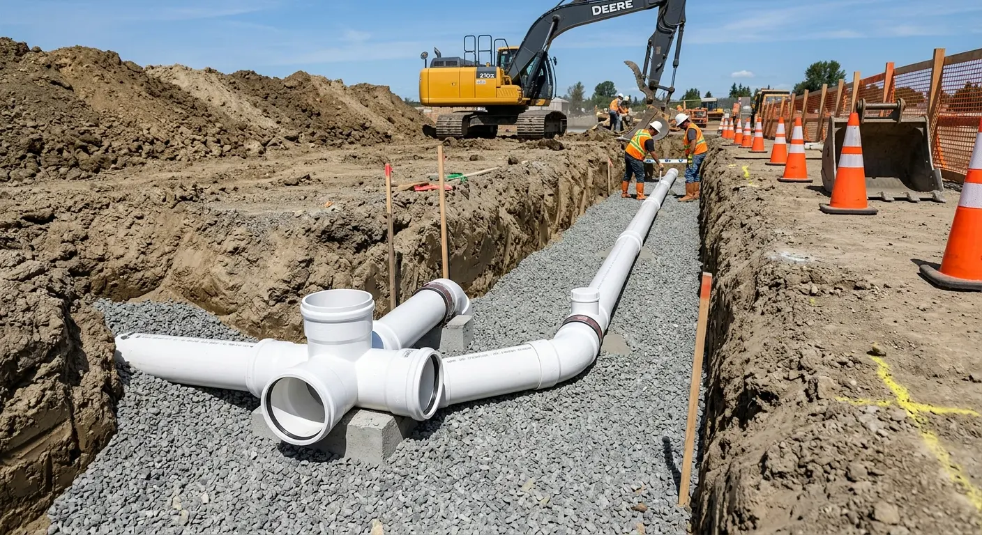 New PVC sewer pipe installation in open trench for Commercial Drain Cleaning in French Valley