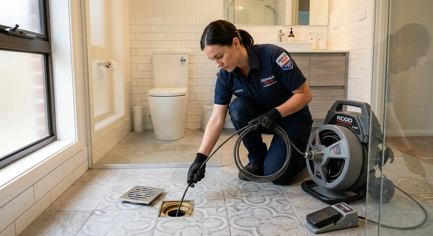 Technician clearing a bathroom floor drain for Hydro Jetting in French Valley